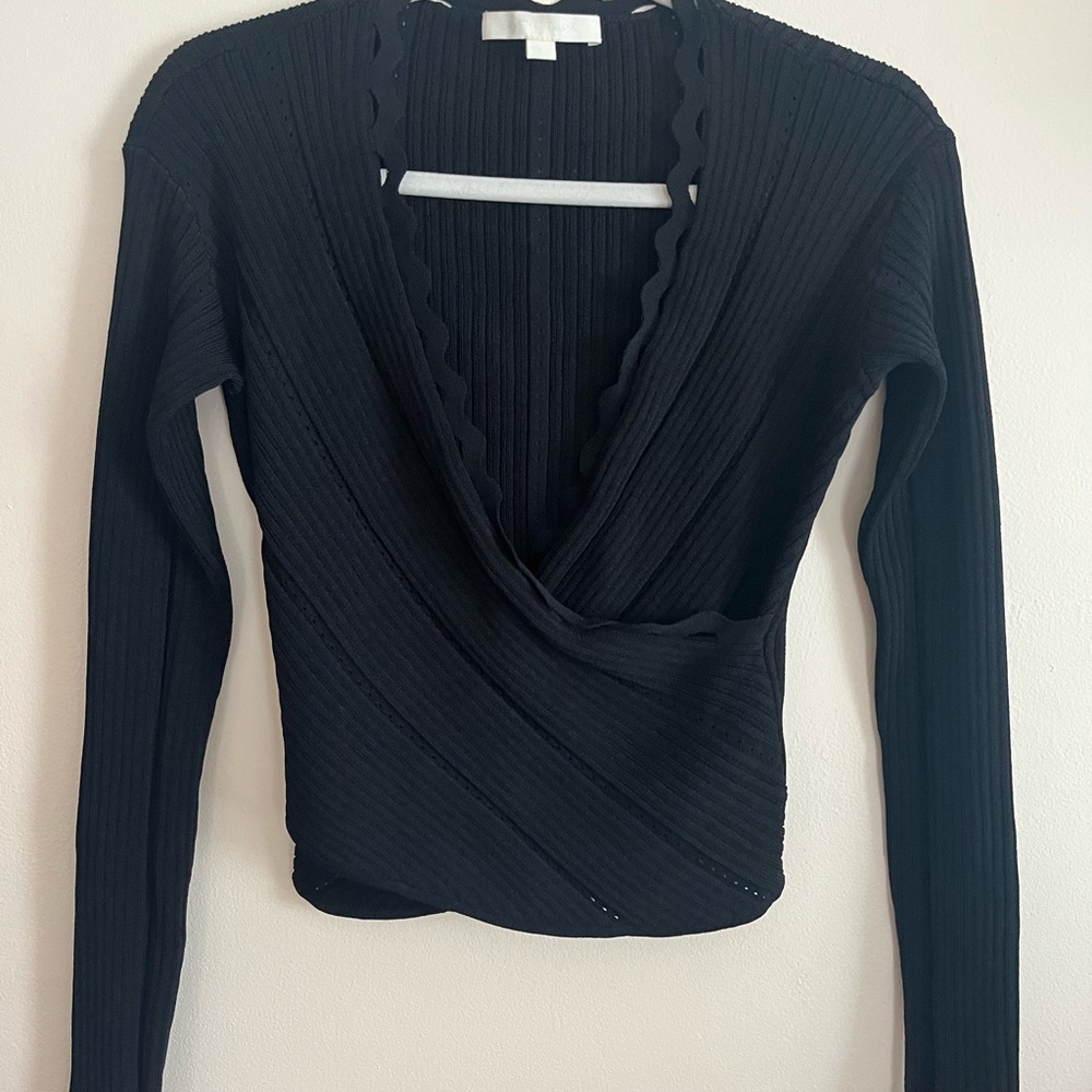 Black Ribbed Wrap Top